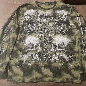 Vintage MMA Elite Thermal Long Sleeve Waffle Knit Skull Cross Tribal Y2K XL